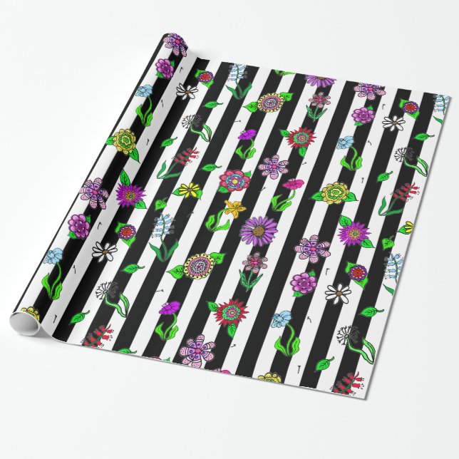Whimsical Hand Drawn Flowers Wrapping Paper (Unrolled)