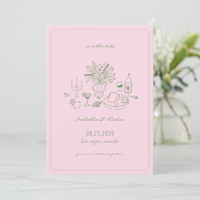 Whimsical Hand Drawn French Wedding Save the Date (Standing Front)