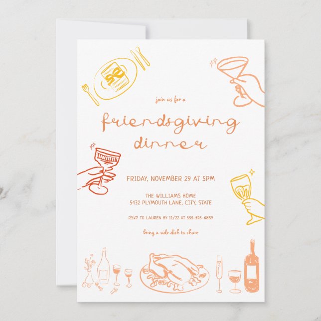 Whimsical Hand Drawn Friendsgiving Dinner Invite  (Front)