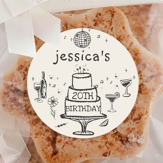 Whimsical Hand drawn Funky Cocktail Birthday Classic Round Sticker (Creator Uploaded)