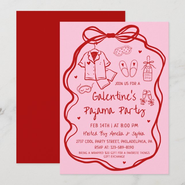 Whimsical Hand Drawn Galentine's Pajama Party  Invitation (Front/Back)