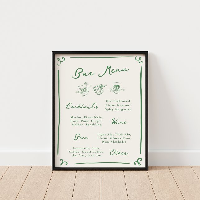 Whimsical Hand Drawn Green Bar Menu Poster (Creator Uploaded)