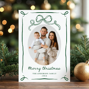 Whimsical Hand-Drawn Green Bow Christmas 2 Photo Holiday Card
