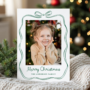 Whimsical Hand-Drawn Green Bow Frame 2 Photo Holiday Card