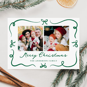 Whimsical Hand-Drawn Green Bows 2 Photo Christmas Holiday Card
