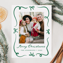 Whimsical Hand-Drawn Green Bows Photo Christmas