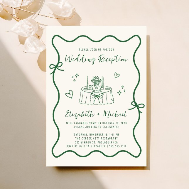 Whimsical Hand Drawn Green Cream Wedding Reception Invitation (Fun reception invitation featuring a whimsical hand drawn wedding table with hearts + coquette bows)