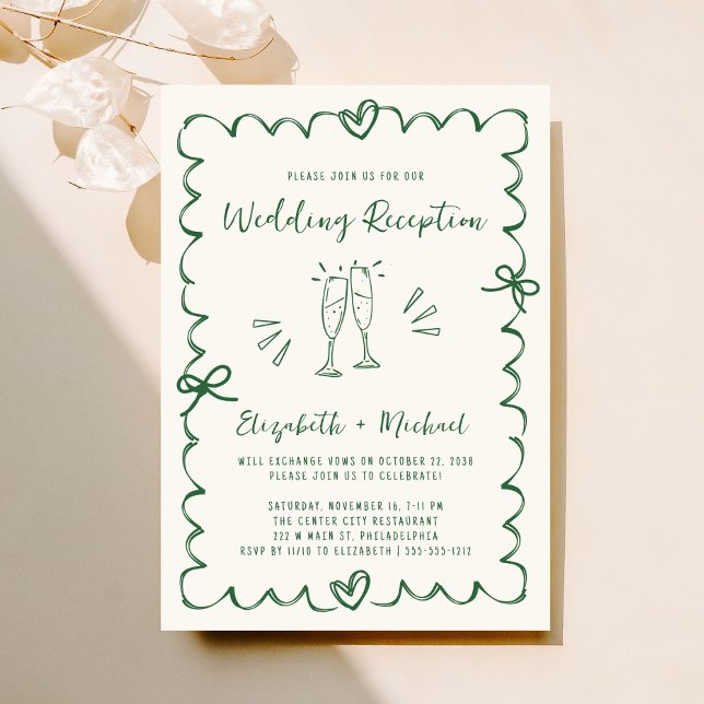 Whimsical Hand Drawn Green Cream Wedding Reception Invitation (Fun reception invitation featuring whimsical hand drawn champagne glasses, hearts + coquette bows)