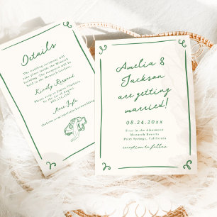 Whimsical Hand Drawn Green + Details Wedding Invitation