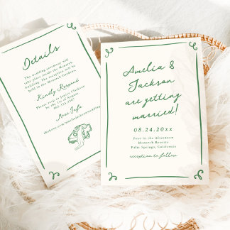 Whimsical Hand Drawn Green + Details Wedding Invitation