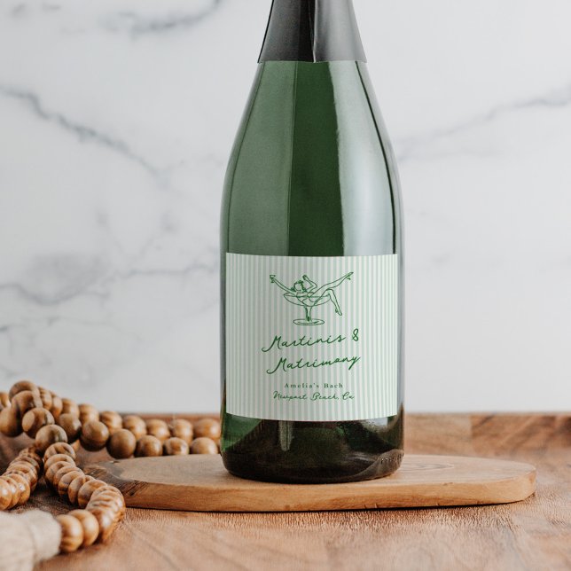 Whimsical Hand Drawn Green Martinis & Matrimony Sparkling Wine Label (Creator Uploaded)