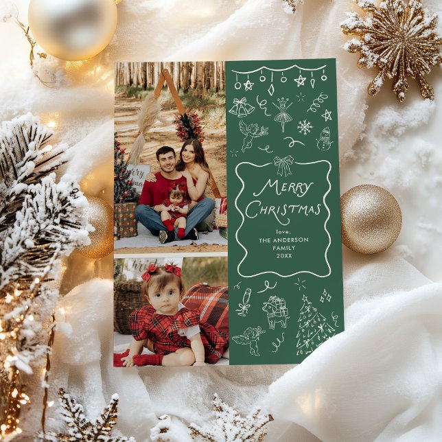 Whimsical Hand Drawn Green Merry Christmas 2 Photo Holiday Card (Creator Uploaded)