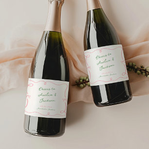 Whimsical Hand Drawn Green & Pink Wedding Sparkling Wine Label
