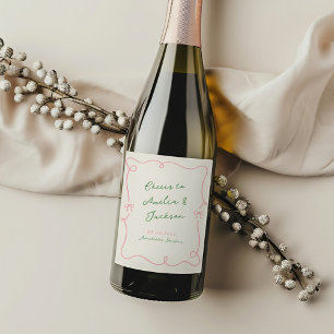 Whimsical Hand Drawn Green & Pink Wedding Wine Label