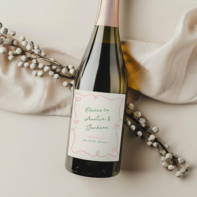 Whimsical Hand Drawn Green & Pink Wedding Wine Label (Creator Uploaded)