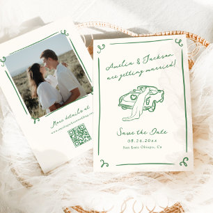 Whimsical Hand Drawn Green Save the Date QR Code Invitation