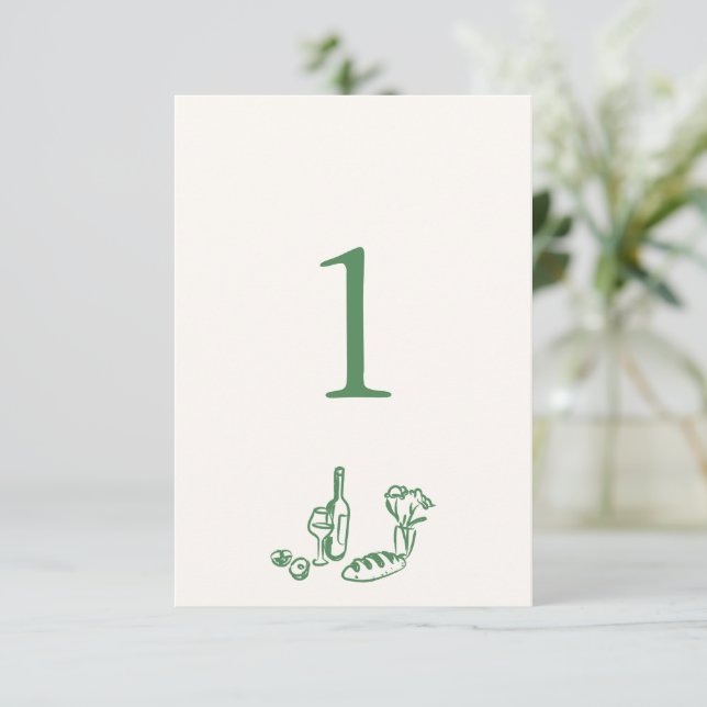 Whimsical Hand Drawn Green Table Number (Standing Front)