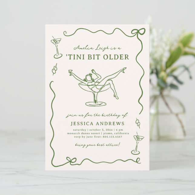 Whimsical Hand Drawn Green 'Tini Bit Older Invitation (Standing Front)