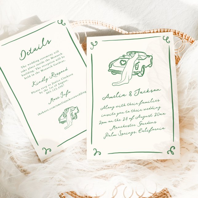 Whimsical Hand Drawn Green Wedding + Details Invitation (Creator Uploaded)