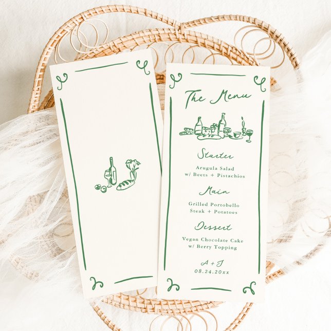 Whimsical Hand Drawn Green Wedding Menu (Creator Uploaded)