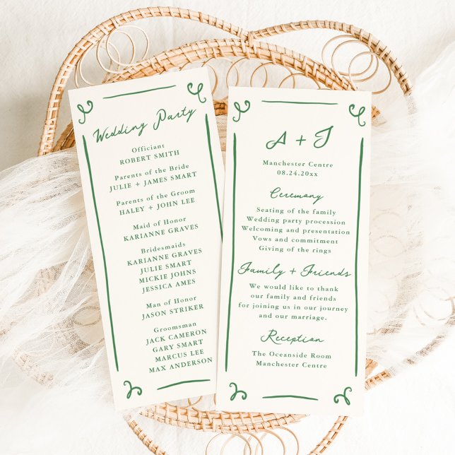 Whimsical Hand Drawn Green Wedding Program + Party Menu (Creator Uploaded)