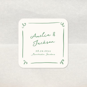 Whimsical Hand Drawn Green Wedding Square Sticker