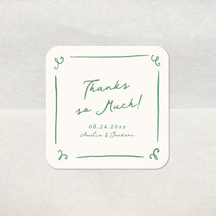 Whimsical Hand Drawn Green Wedding Thank You Square Sticker