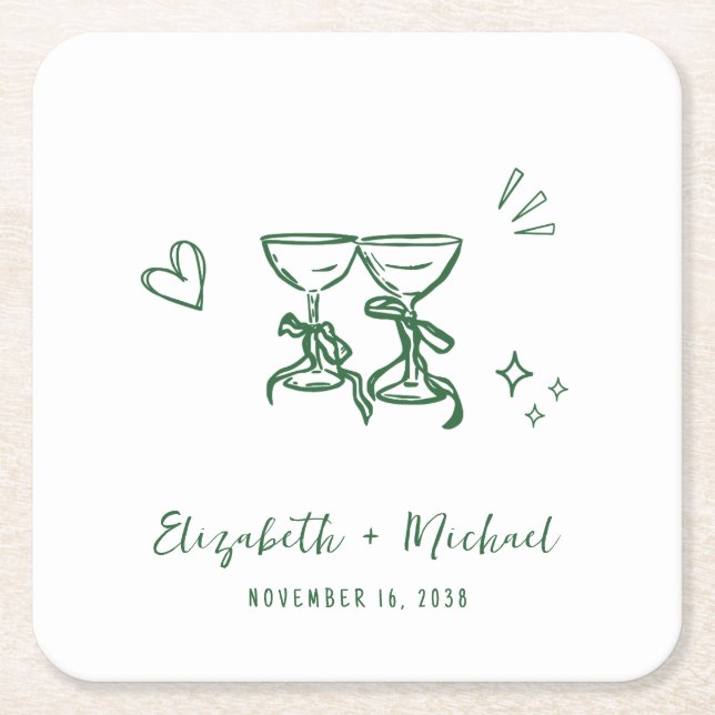 Whimsical Hand Drawn Green Wine Glasses Wedding Square Paper Coaster (Front)