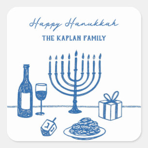 Whimsical Hand Drawn Hanukkah Party Trendy Custom Square Sticker