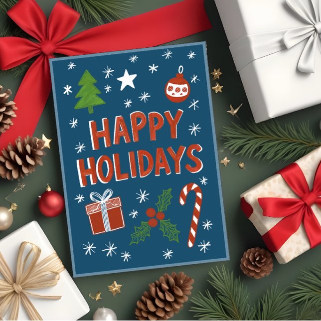 Whimsical Hand-Drawn Holiday Card on Blue (Creator Uploaded)