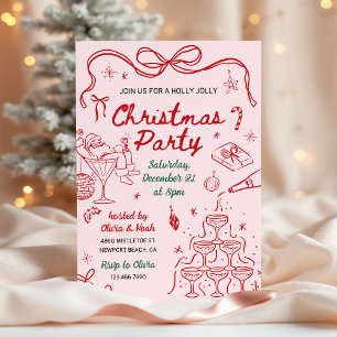 Whimsical Hand Drawn Holly Jolly Christmas Party Invitation