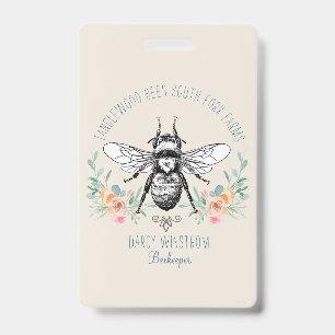 Whimsical Hand Drawn Honey Bee Apiary Floral Badge ID Badge