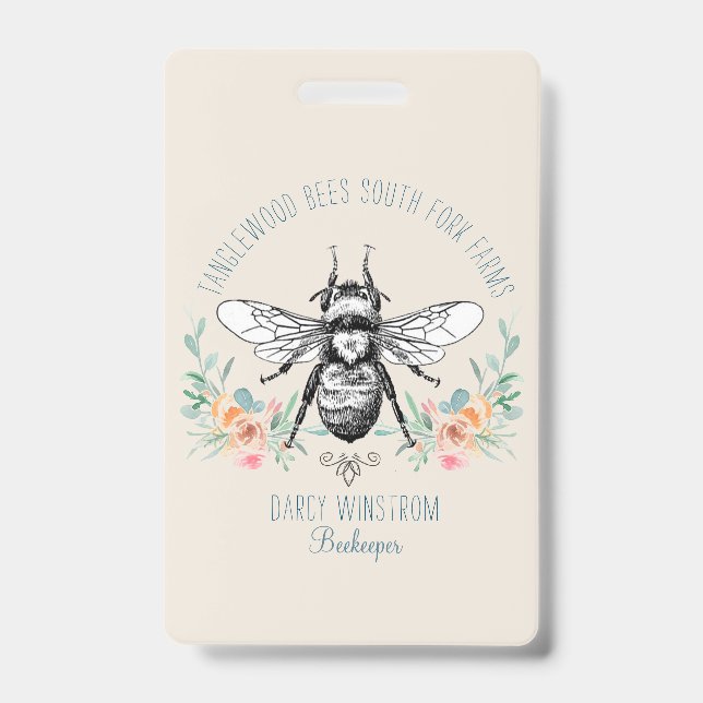 Whimsical Hand Drawn Honey Bee Apiary Floral Badge ID Badge (Front)