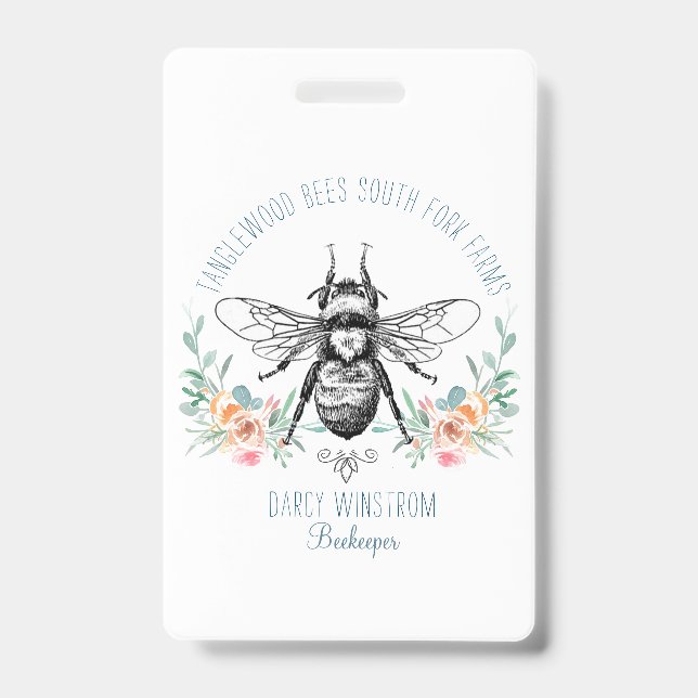 Whimsical Hand Drawn Honey Bee Apiary Floral ID Badge (Front)
