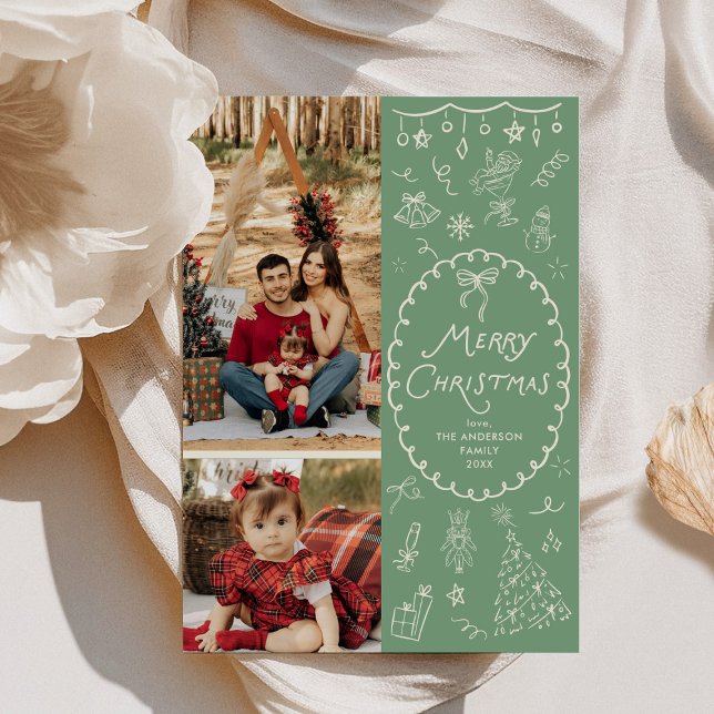 Whimsical Hand Drawn Icons Happy Holidays 2 Photo Holiday Card (Creator Uploaded)