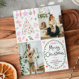 Whimsical Hand Drawn Icons Merry Christmas 2 Photo Holiday Card