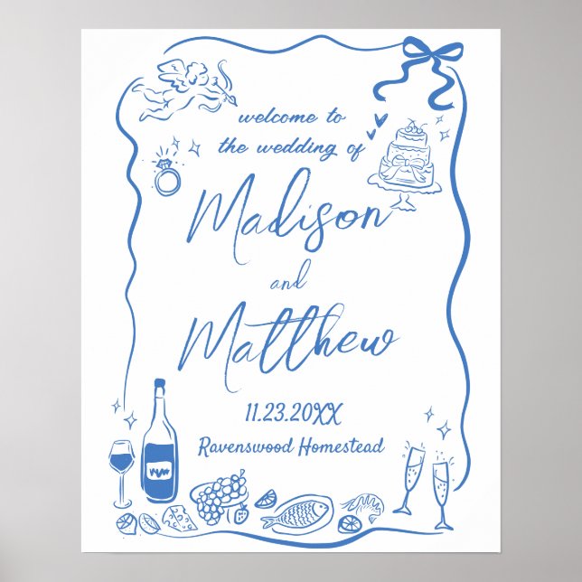 Whimsical Hand Drawn Illustrations Doodle Wedding  Poster (Front)