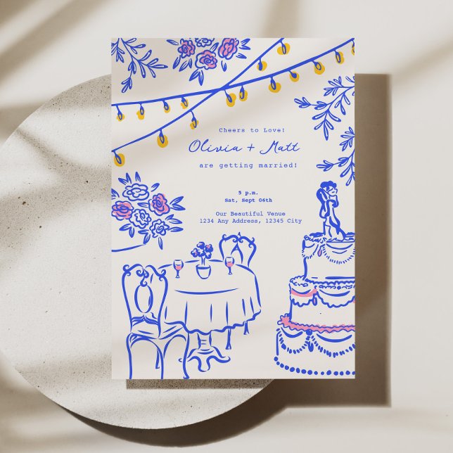 Whimsical Hand Drawn Lanterns Wedding Blue Invitation (Whimsical Hand Drawn Lanterns Wedding Blue Invitation)