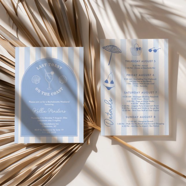 Whimsical Hand Drawn Last Toast On The Coast Party Invitation (Classy Blue And White Last Toast On The Coast Bachelorette Party Invitations with hand-drawn icons)