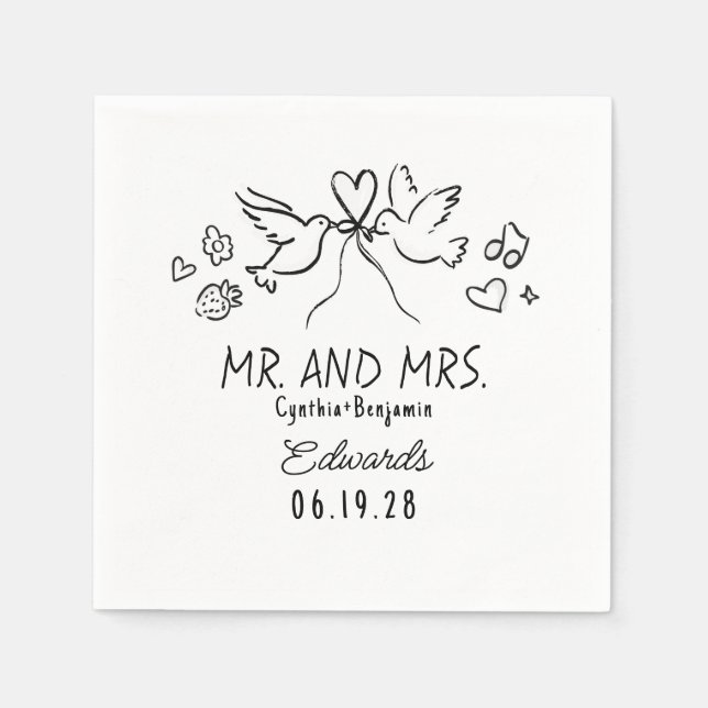 Whimsical Hand Drawn Love Birds Wedding Napkins (Front)