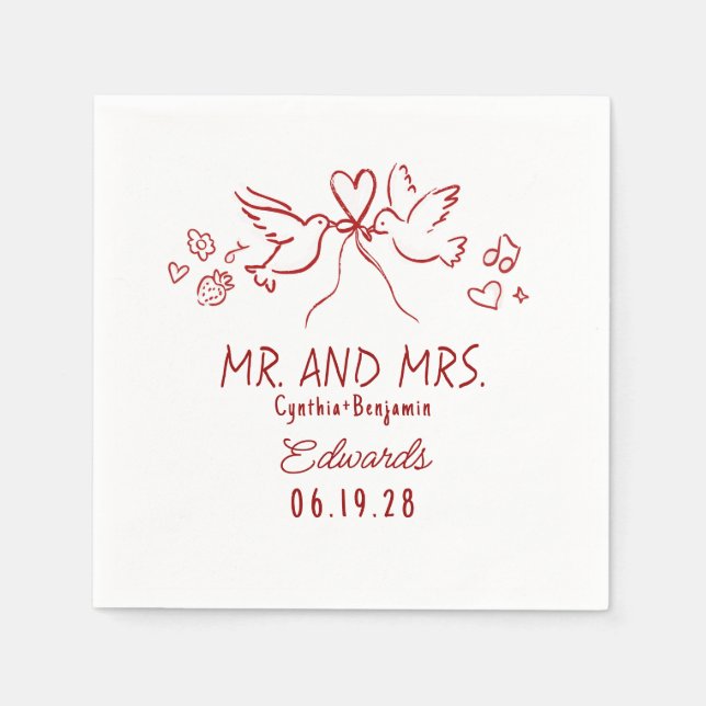 Whimsical Hand Drawn Love Birds Wedding Napkins (Front)
