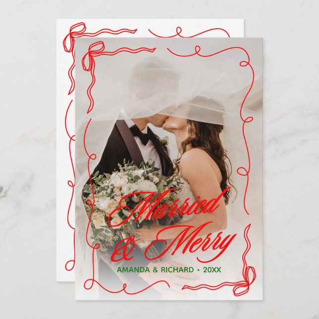 Whimsical Hand Drawn Married & Merry Christmas  Holiday Card (Front/Back)