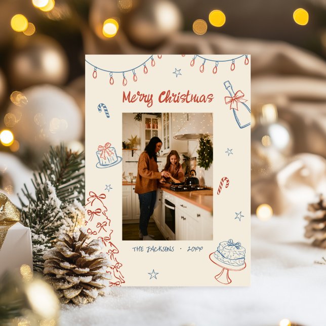 Whimsical Hand Drawn Merry Christmas Family Photo Holiday Card (Creator Uploaded)