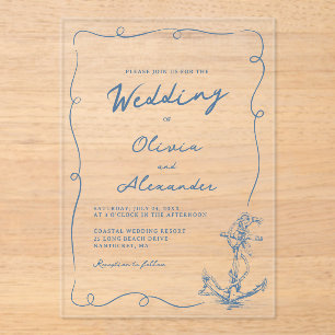 Whimsical Hand Drawn Nautical Anchor Wedding  Acrylic Invitations
