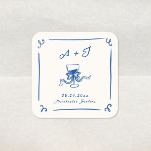 Whimsical Hand Drawn Navy Blue Bow Wedding Square Sticker