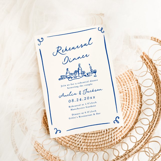 Whimsical Hand Drawn Navy Blue Rehearsal Dinner Invitation (Creator Uploaded)