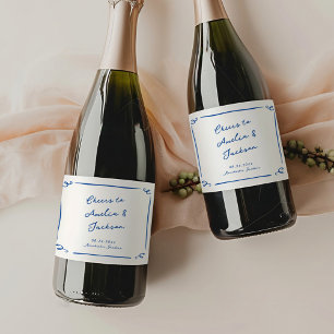 Whimsical Hand Drawn Navy Blue Wedding Sparkling Wine Label