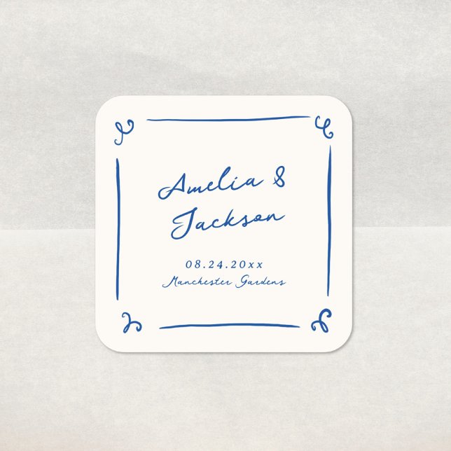 Whimsical Hand Drawn Navy Blue Wedding Square Sticker (Creator Uploaded)