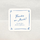 Whimsical Hand Drawn Navy Blue Wedding Thank You Square Sticker<br><div class="desc">This adorable design features hand drawn elements and a whimsical bold text.</div>