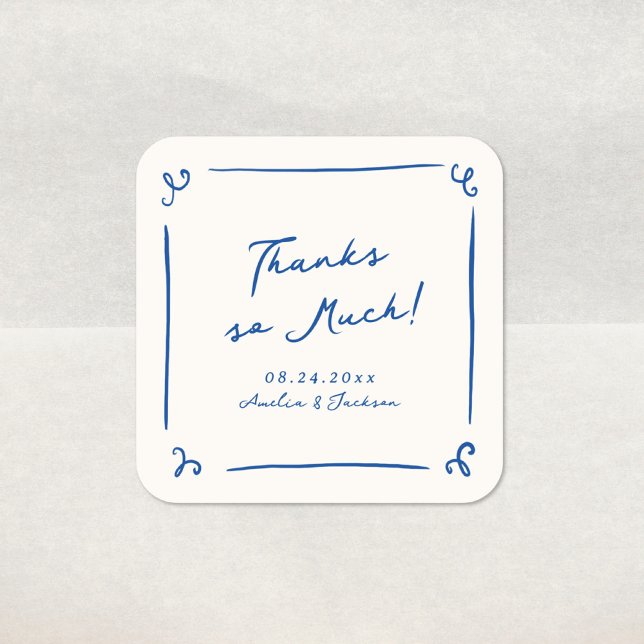 Whimsical Hand Drawn Navy Blue Wedding Thank You Square Sticker (Creator Uploaded)